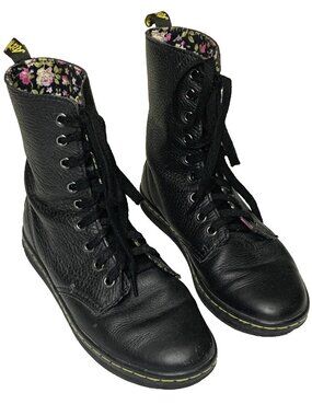 Dr Martens Stratford Floral Lined Boots Sz 6 Black Leather Fold Over AW004